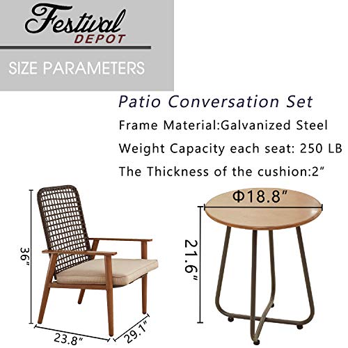 Festival Depot 6 Pieces Patio Outdoor Furniture Conversation Set with Metal Side Coffee Side Table Wooden-Color Steel Wicker Weaving Mesh Back Armchair with Cushions (Khaki) 