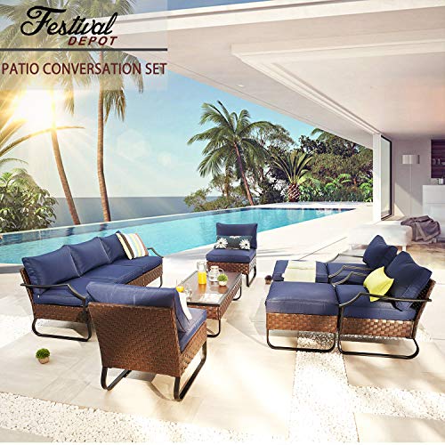 Festival Depot 10 Pcs Patio Conversation Sets Outdoor Furniture Sectional Sofa with All-Weather PE Rattan Wicker Chair,Loveseat Coffee Table and Thick Soft Removable Couch Cushions(Blue) 