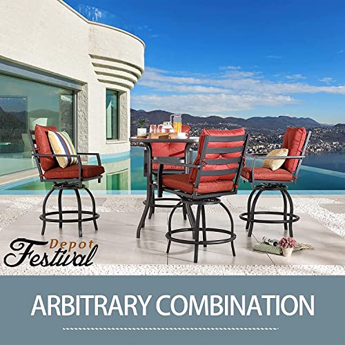Festival Depot 5 Pcs Outdoor Furniture Bar Stools Set of 4 Swivel Chairs with Cushions and 1 High Bistro Tables with Tempered Glass Tabletop in Metal Frame (Red) 
