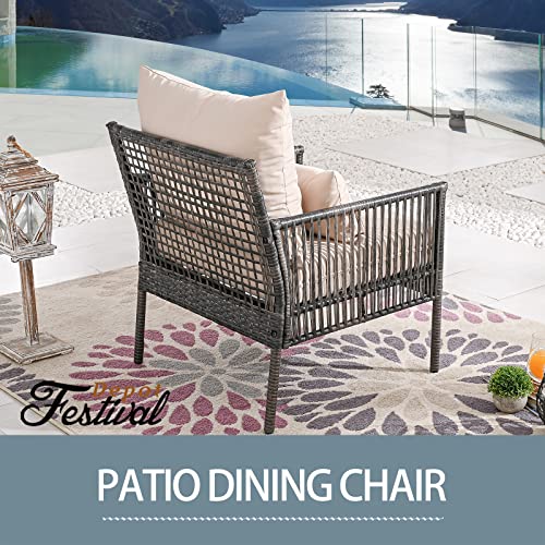 Festival Depot Patio Wicker Dining Chair, All-Weather Rattan Sectional Sofa Outdoor Furniture with Metal Frame Removable Seat & Back Cushion Pillow for Garden Pool Backyard Lawn (Beige)
