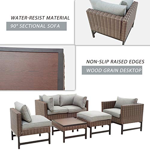 Festival Depot 6pc Patio Conversation Set Combination Sectional Corner Sofa Set Outdoor All-Weather Wicker Metal Chairs with Seating Back Cushions Side Coffee Table Ottoman Garden Poolside,Gray 