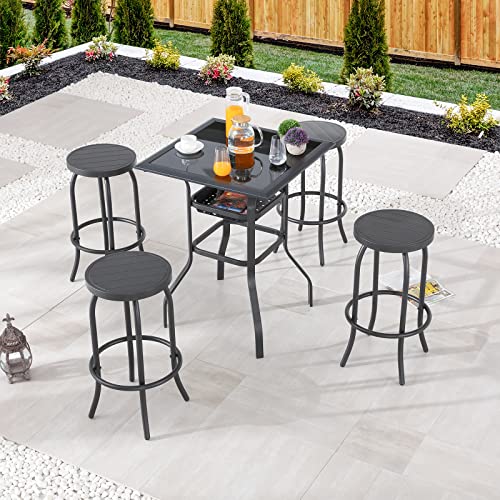 Sports Festival 5 Pcs Patio Bistro Height Set Outdoor Furniture, Backless Bar Stool Chair with Round Seat, Foot Pedals and Square Metal Frame Steel Tempered Glass Top Table for Deck Garden Lawn
