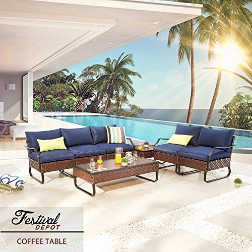 Festival Depot Patio Coffee Table Rectangle Wicker Rattan Table with Wood Grain Desktop and U Shaped Legs All Weather Outdoor Furniture for Garden Bistro 47.2"(L) x 23.6"(W) x 13.7"(H) 