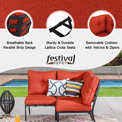 Festival Depot 3 Pcs Patio Conversation Set Sectional Sofa Chair Outdoor Furniture All-Weather Bistro Set with 2 Metal Armless Chair and 1 Corner Chair for Garden Pool Porch Deck Backyard (Red) 