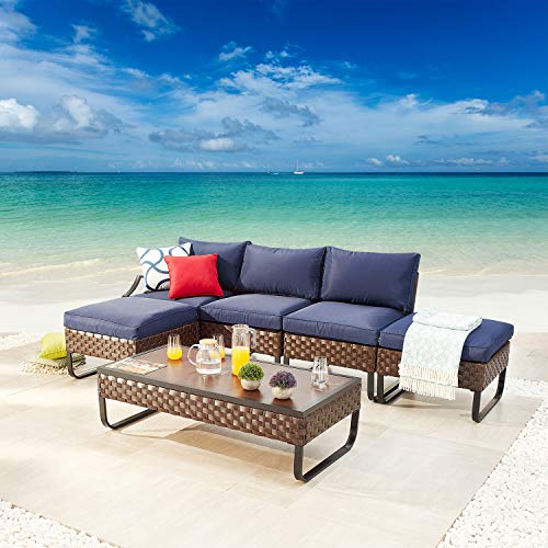 Festival Depot 6 Pieces Patio Conversation Sets Outdoor Furniture Sectional Sofa with All-Weather PE Rattan Wicker Back Chair, Coffee Table, Ottoman and Thick Soft Removable Couch Cushions (Blue)