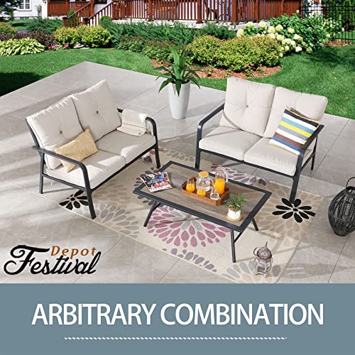 Festival Depot 1 Piece Patio Loveseat Outdoor Furniture, All-Weather 2-Seats Sofa with Curved Armrest, Metal Steel Frame and Detachable Seat & Back Cushion for Porch Balcony Deck Poolside, Beige 