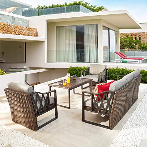 Festival Depot Dining Outdoor Patio Bistro Furniture Armchairs Wicker Rattan Premium Fabric Soft 5.5" Cushions with Metal Steel Frame Leg for Garden Poolside All-Weather 28.5"(D) x 28.1"(W) x 28.4"(H) 