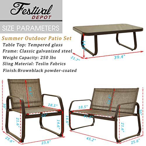 Festival Depot 4 Pieces Patio Furniture Outdoor Conversation Set with Metal Side Coffee Table Steel Armchairs Loveseat Round Angle Edge Summer Small Style 