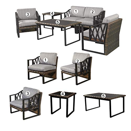 Festival Depot 6pcs Outdoor Furniture Patio Conversation Set Sectional Sofa Chairs All Weather Brown Rattan Wicker Slatted Coffee Table End Table with Grey Thick Seat Back Cushions, Black 