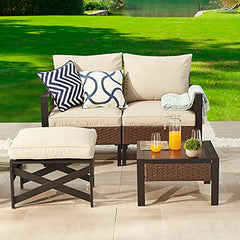 Festival Depot 4 Pieces Patio Furniture Set All-Weather Rattan Wicker Metal Frame Sofa Chair Outdoor Conversation Set Sectional Corner Couch with Cushions and Coffee Table for Deck Poolside