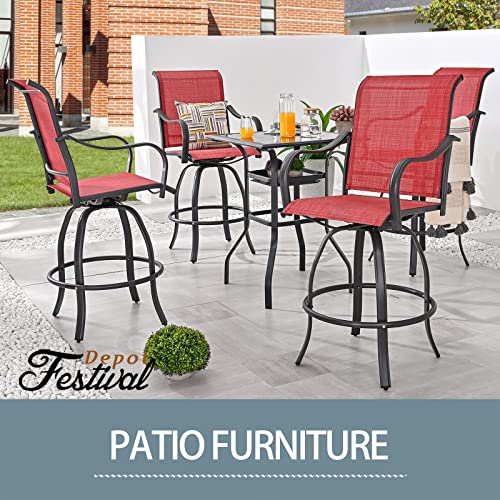 Festival Depot 3 Pcs Patio Bistro Bar Set High Stools Outdoor Furniture with 360° Swivel Armrest Chairs, Coffee Table with Tempered Glass Desktop, Metal Frame for Deck Poolside Garden Porch