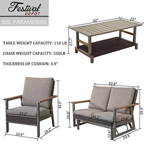 Festival Depot 4 Pieces Patio Outdoor Conversation Chairs Loveseat Set with Coffee Rectangle Table Metal Frame Furniture Garden Bistro Seating Thick Soft Cushions 
