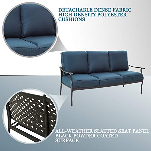Festival Depot 4Pcs Outdoor Furniture Patio Conversation Set All Weather Black Metal Armchair Loveseat with Seat and Back Cushions, 3-Seating Chair, Rectangle Coffee Tables for Deck Lawn Garden