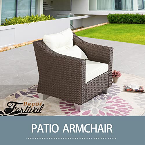 Festival Depot Patio Rattan Wicker Single Sofa Outdoor Sectional Chair with Removable Cushion Metal Frame All Weather Waterproof Furniture Seating for Garden Yard Lawn Pool (Beige)