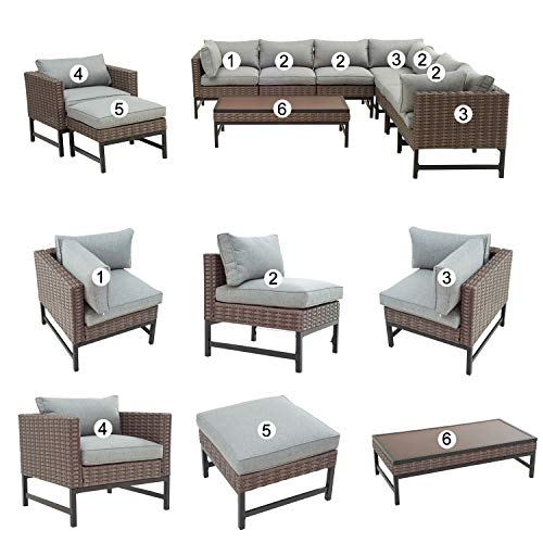 Festival Depot 10 Pieces Patio Conversation Set Outdoor Furniture Combination Sectional Corner Sofa Set All-Weather Woven Wicker Metal Chair with Cushions Side Coffee Table Ottoman, Gray
