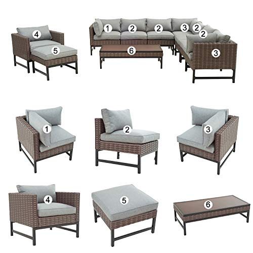 Festival Depot 10 Pieces Patio Conversation Set Outdoor Furniture Combination Sectional Corner Sofa Set All-Weather Woven Wicker Metal Chair with Cushions Side Coffee Table Ottoman, Gray 