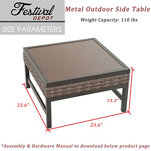 Festival Depot Metal Wood Grain Outdoor Side Table Metal Outdoor Side Coffee Table Patio Bistro Dining Table with Steel Legs Brown Black