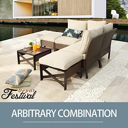 Festival Depot 1 Pc Patio Wicker Rattan Sectional Corner Sofa Seat Outdoor Chair Furniture with Thick Cushions and Metal Frame for Deck Porch Poolside Garden
