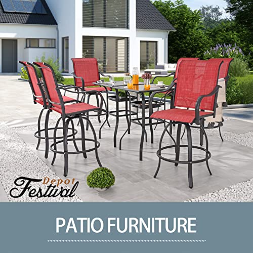 Festival Depot 3 Pcs Patio Bistro Bar Set High Stools Outdoor Furniture with 360° Swivel Armrest Chairs, Coffee Table with Tempered Glass Desktop, Metal Frame for Deck Poolside Garden Porch