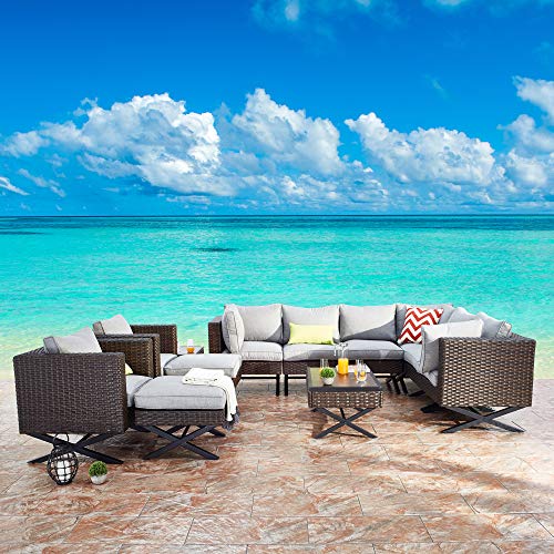 Festival Depot 12pcs Outdoor Furniture Patio Conversation Set Sectional Corner Sofa Chairs with X Shape Metal Leg All Weather Brown Rattan Wicker Ottoman Side Coffee Table with Grey Seat Back Cushions 