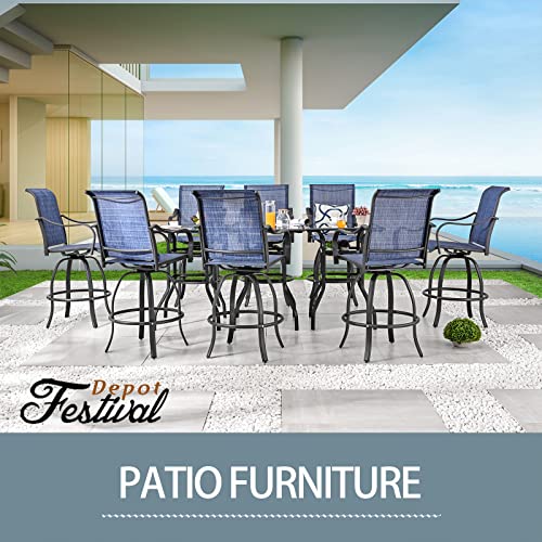 Festival Depot 3 Pcs Patio Bistro Bar Set High Stools Outdoor Furniture with 360° Swivel Armrest Chairs, Coffee Table with Tempered Glass Desktop, Metal Frame for Deck Poolside Garden Porch