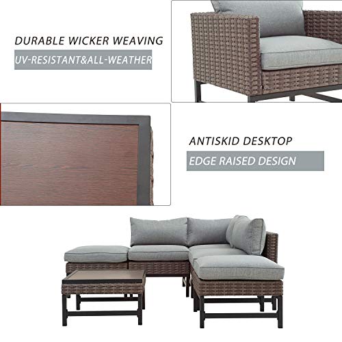 Festival Depot 6 Pieces Patio Outdoor Furniture Conversation Set Sectional Corner Sofa with Wicker Chairs, Ottomans,Coffee Side Table and Seating Thick Soft Cushion (Gray)