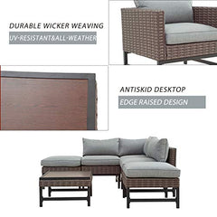 Festival Depot 6 Pieces Patio Outdoor Furniture Conversation Set Sectional Corner Sofa with Wicker Chairs, Ottomans,Coffee Side Table and Seating Thick Soft Cushion (Gray)