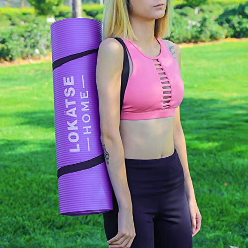 LOKATSE HOME Yoga Mat Thick,Non Slip Men Women Exercise Mat for Home Floor Gym of Workout with Carry Strip 72x24.4x2/5Inches (Pink) (Purple) 