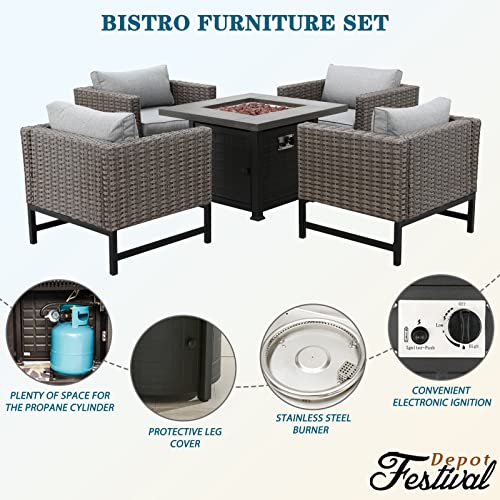 Sports Festival 5 Pcs Outdoor Fire Propane Pit Conversation Set, 4 Patio Dining X Wicker Armchair Chairs with Cushions Metal Frame and 34 inch 50000 BTU Auto-Ignition Square Propane Gas Fire Pit Table 