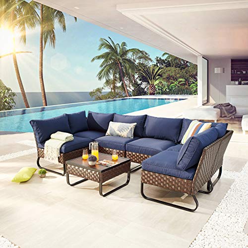 Festival Depot 7 Pieces Patio Outdoor Furniture Conversation Sets Sectional Corner Sofa with All-Weather PE Rattan Wicker Back Chair, Coffee Side Table and Soft Removable Couch Cushions (Blue) 