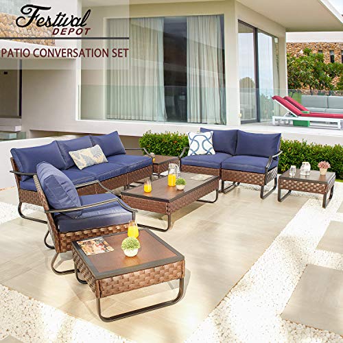 Festival Depot 10 Pcs Patio Conversation Sets Outdoor Furniture Sectional Sofa Loveseat with All-Weather PE Rattan Wicker Chair Coffee Table and Soft Removable Couch Cushions(Blue) 
