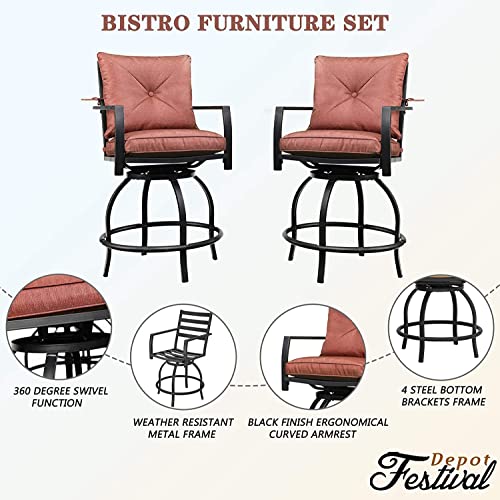 Festival Depot 5pcs Bar Bistro Outdoor Patio Furniture Set High Stool 360° Swivel Armrest Chairs with Comfort Cushion Square DPC Desktop Wood Grain Table Top Metal Steel Frame Leg All-Weather (Red) 