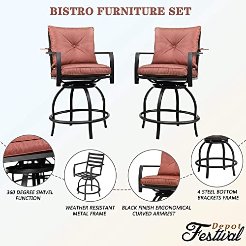 Festival Depot 5pcs Bar Bistro Outdoor Patio Furniture Set High Stool 360° Swivel Armrest Chairs with Comfort Cushion Square DPC Desktop Wood Grain Table Top Metal Steel Frame Leg All-Weather (Red)
