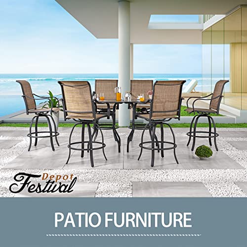 Festival Depot 3 Pcs Patio Bistro Bar Set High Stools Outdoor Furniture with 360° Swivel Armrest Chairs, Coffee Table with Tempered Glass Desktop, Metal Frame for Deck Poolside Garden Porch
