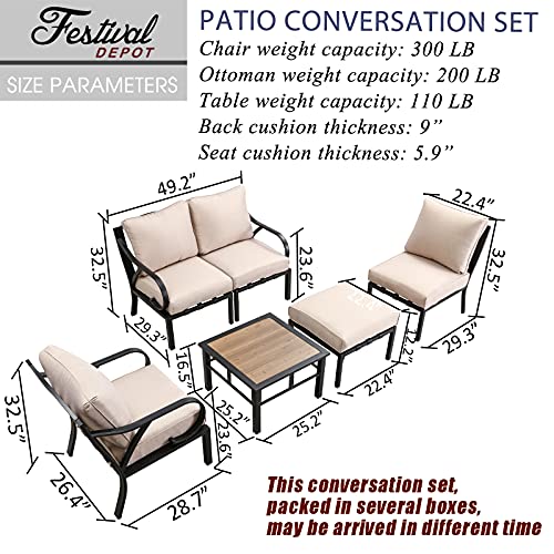 Festival Depot 6pcs Patio Conversation Set Sectional Metal Chairs with Cushions Ottoman and Coffee Table All Weather Outdoor Furniture for Garden Backyard Balcony, Beige 