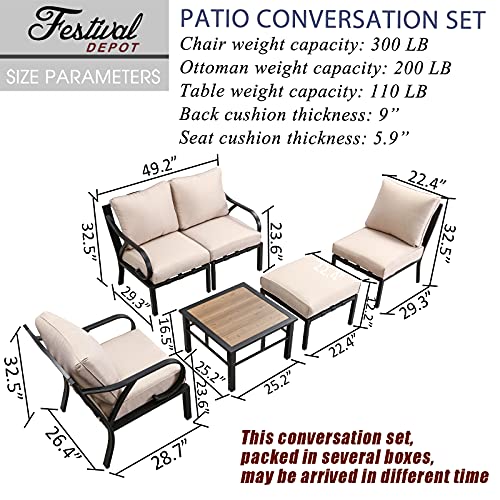 Festival Depot 6pcs Patio Conversation Set Sectional Metal Chairs with Cushions Ottoman and Coffee Table All Weather Outdoor Furniture for Garden Backyard Balcony, Beige