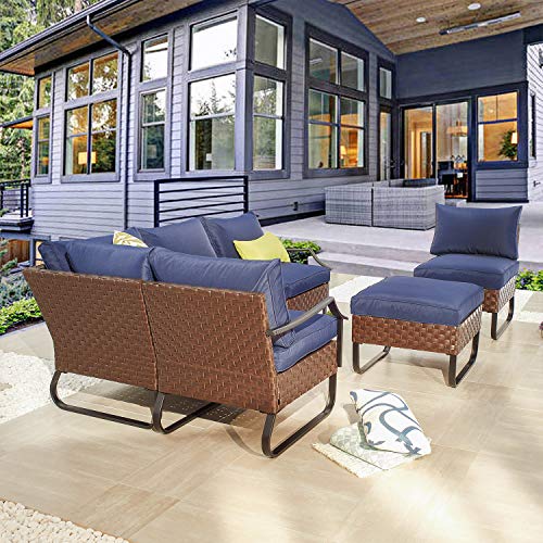 Festival Depot 6 Pieces Patio Outdoor Furniture Conversation Sets Sectional Corner Sofa, All-Weather PE Rattan Brown Wicker Back Chair with Ottoman and Thick Soft Removable Couch Cushions(Blue)