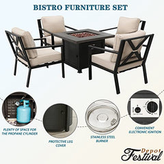 Festival Depot 5 Pieces Outdoor Fire Propane Pit Conversation Set, 4 Patio Dining Armchairs with Cushions Metal Frame and 34 inch 50000 BTU Auto-Ignition Square Propane Gas Fire Pit Table (Beige)