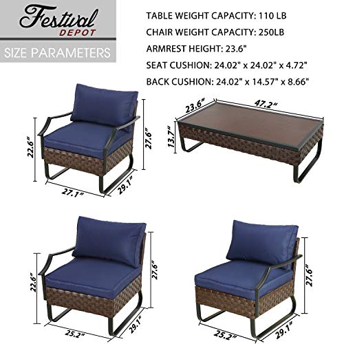 Festival Depot 5-Piece Patio Dining Furniture Outdoor Armchair Combination Conversation Set All-Weather Coffee Table with U Shaped Steel Leg for Porch Lawn Garden Balcony Pool Backyard, Brown 
