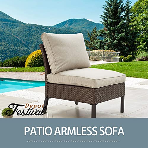 Festival Depot Patio Armless Sofa Sectional Furniture Loveseat Outdoor Dining Chair with Cushions Pillow and Metal Frame Wicker for Garden Backyard Pool Farmhouse (Beige) (B-PF20722-new1) 