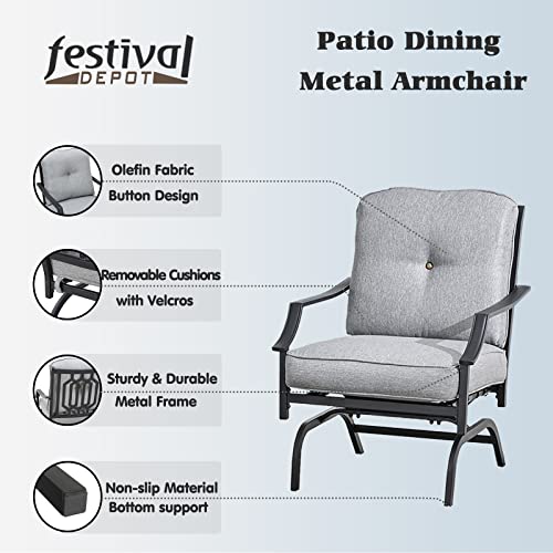 Festival Depot 2 of Outdoor Patio Bistro Armrest Chairs with Cushions Set Premium Fabric Metal Frame Furniture Set Garden Dining Seating Chair Thick & Soft Cushions 