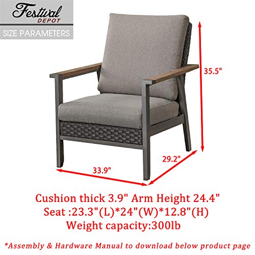 Festival Depot Outdoor Chair Patio Dining Chair with Cushion and Wood Grain Armrest Metal Furniture for Lawn Garden All-Weather