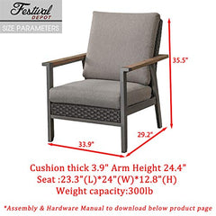 Festival Depot Outdoor Chair Patio Dining Chair with Cushion and Wood Grain Armrest Metal Furniture for Lawn Garden All-Weather