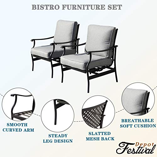 Festival Depot 2 of Outdoor Patio Bistro Armrest Chairs with Cushions Set Premium Fabric Metal Frame Furniture Set Garden Dining Seating Chair Thick & Soft Cushions