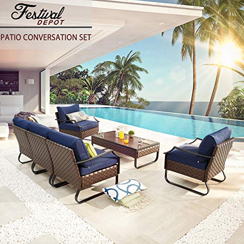 Festival Depot 6 Piece Patio Conversation Set Wicker Chair with Thick Cushions and Rattan Coffee Table All Weather Outdoor Furniture for Deck Lawn Backyard, Blue
