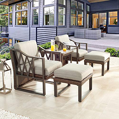 Festival Depot 5 Pcs Bistro Outdoor Patio Furniture Conversation Set Wicker Rattan Armchairs Rectangle Ottoman with Premium Fabric Cushion Square Side Coffee Table with Metal Slatted Steel Legs Frame