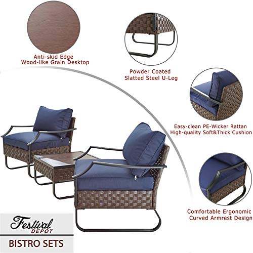 3-Piece Bistro Patio Set Soft&Deep Cushion Wicker Rattan Chair with Curved Armrest Square Wood Grain Desktop Table 