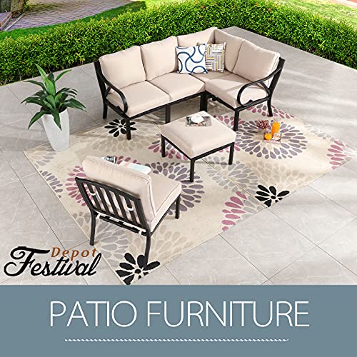 Festival Depot 6 Pieces Patio Conversation Set Sectional Corner Chair Ottoman with Thick Cushions and Side Coffee Table All Weather Metal Outdoor Furniture for Garden Deck, Beige
