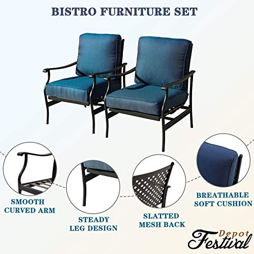 Festival Depot 2 of Outdoor Patio Bistro Armrest Chairs with Cushions Set Premium Fabric Metal Frame Furniture Set Garden Dining Seating Chair Thick & Soft Cushions