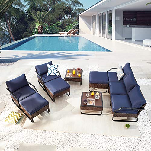 Festival Depot 10 Pcs Patio Conversation Sets Outdoor Furniture Sectional Sofa Loveseat with All-Weather PE Rattan Wicker Chair Coffee Table and Thick Soft Removable Couch Cushions(Blue)